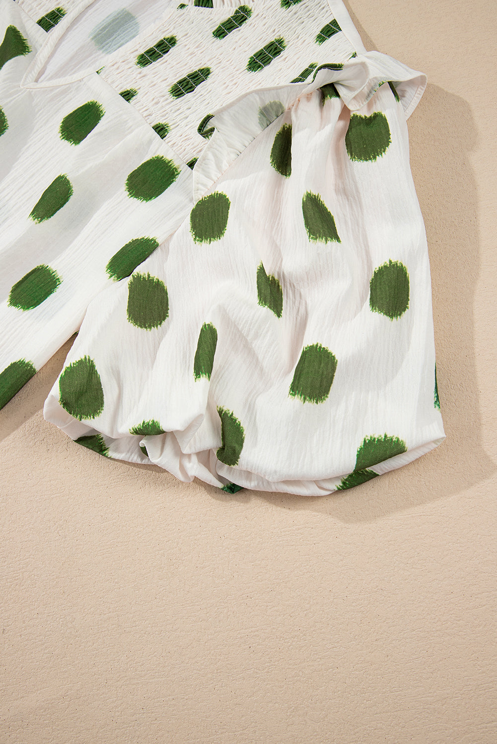 Apricot Polka Dot Print Smocked Notched Neck Balloon Sleeve Blouse